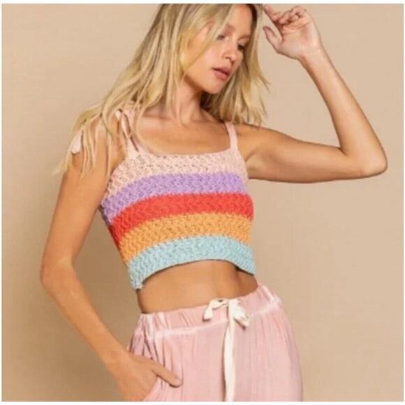 NWOT POL Tie-Shoulder Crochet Crop Top – Rainbow Stripes - Picture 1 of 9